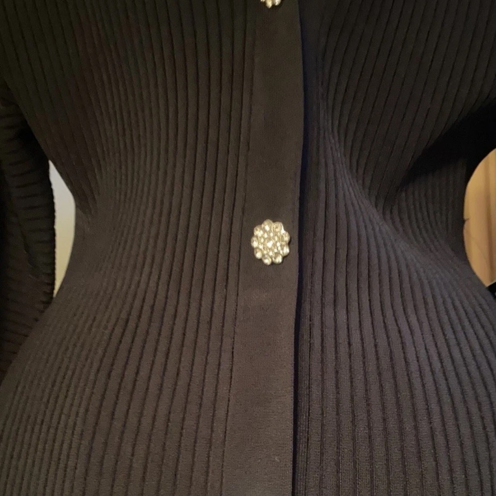 Express Black Ribbed V-Neck Dress with Rhinestone Button - Picture 6 of 7